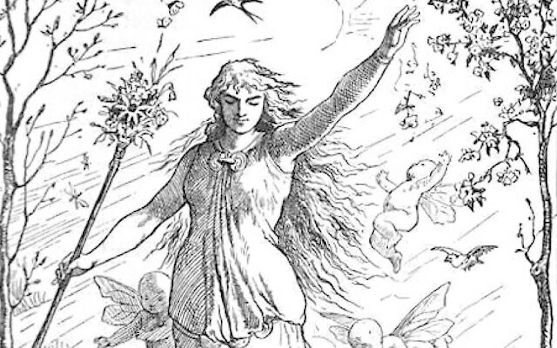 The goddess Ã„â€™ostre/*Ostara flies through the heavens surrounded by winged angels, beams of light and animals.