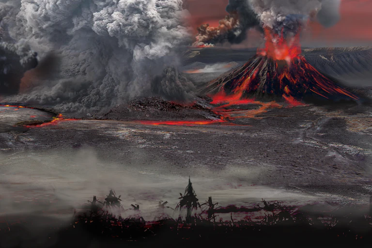 Impression of the 252 million year old super eruption that bombarded eastern Australia.