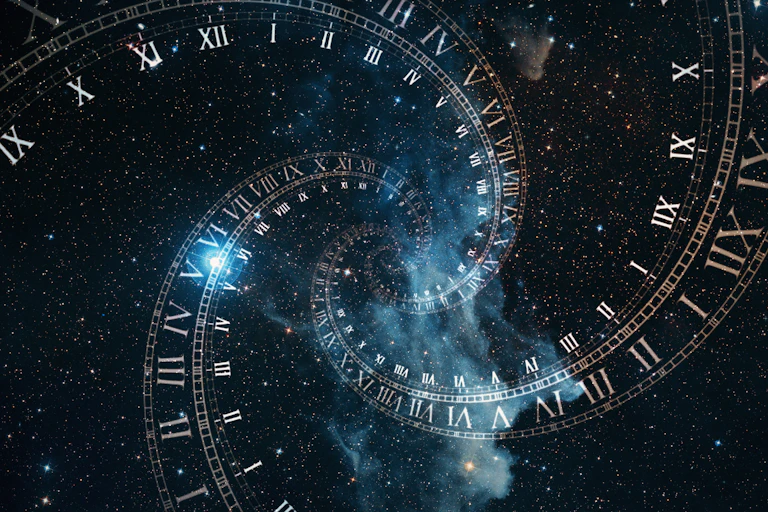 Illustration showing strips of Roman numerals from clock faces unwinding in a spiral against a background of stars.