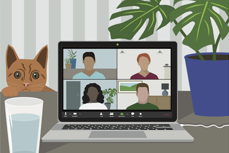 A colourful drawing of a laptop screen on which four people are in a Zoom meeting, with a glass of water on the desk and a plant and a cat in the background.