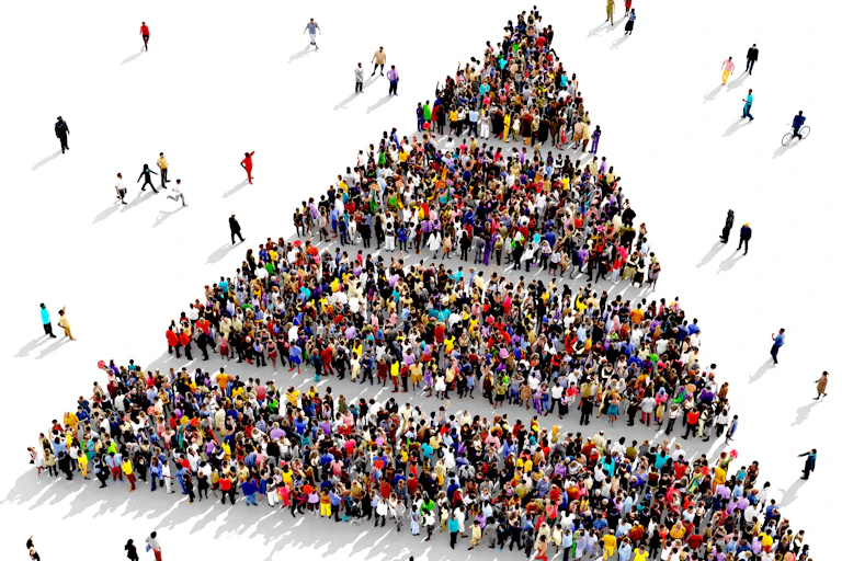 Large crowd illustration seen from above in shape of triangle.
