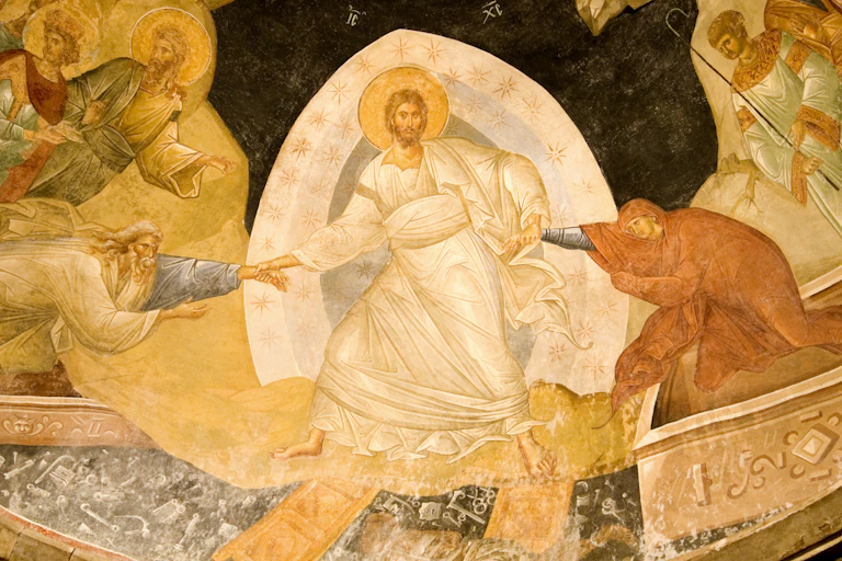 Christ with a halo and angels around him in a 14th century fresco, Chora Church, Istanbul ,Turkey.