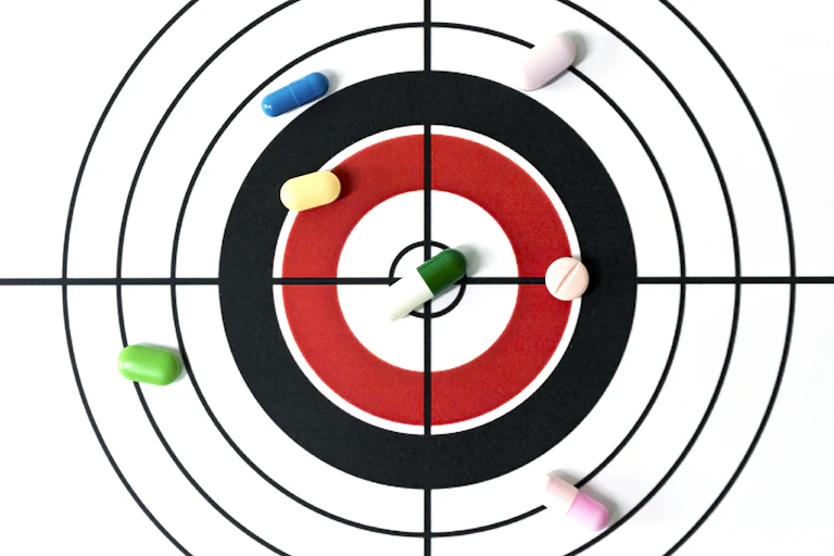 Pills scattered on a target