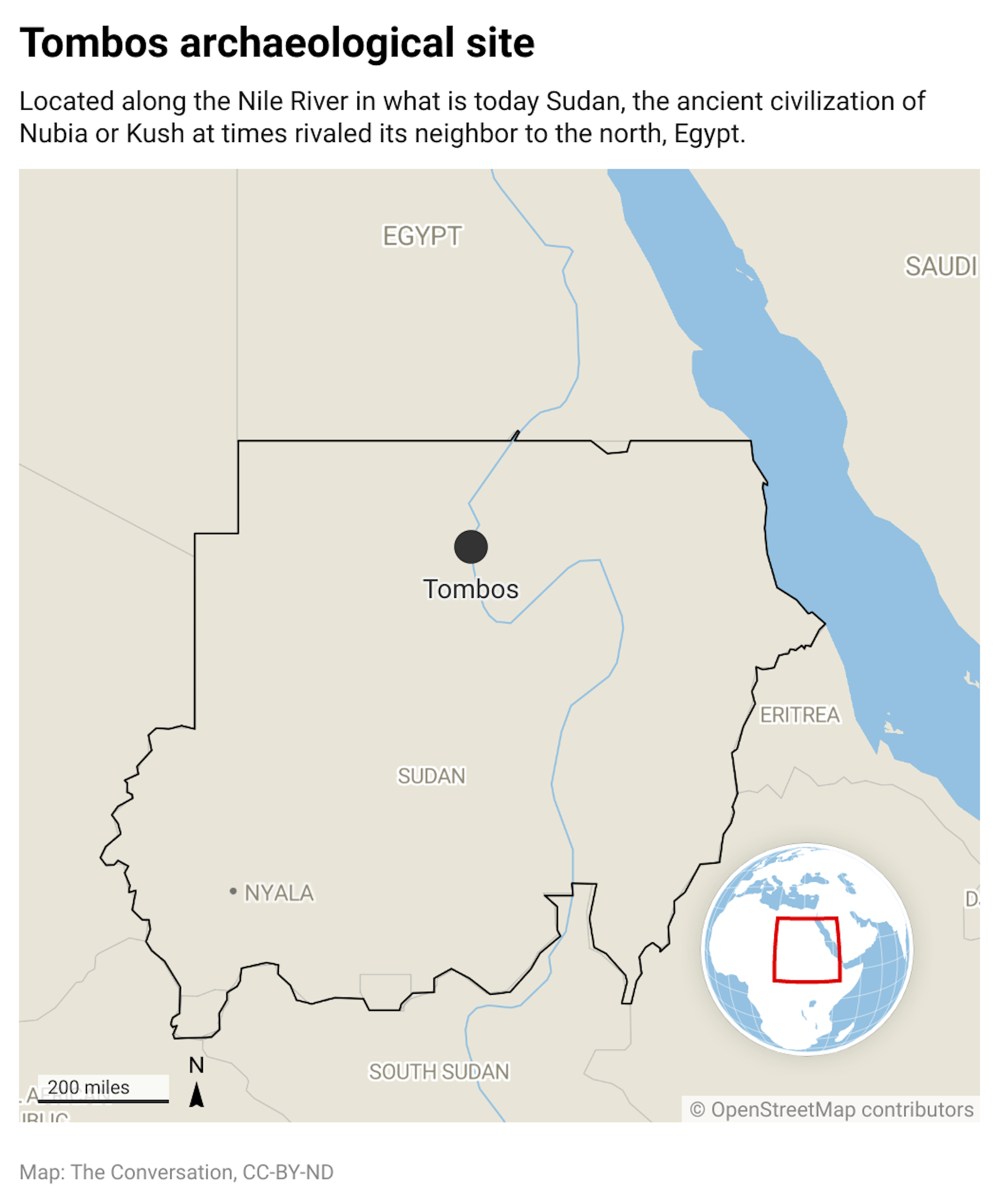 A map of Sudan that highlights the location of the Tombos archeological site. It is located along the Nile river in the north of Sudan.