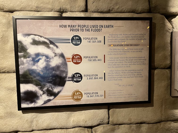 A placard on a stone wall that shows an image of the Earth and claims that up to 20 billion people inhabited the Earth at the time of a biblical flood.