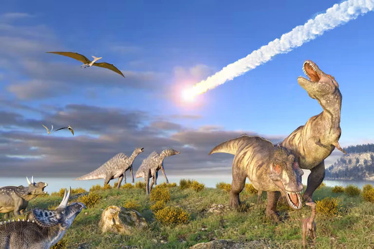 Dinosaurus melihat ke atas dan mengaum saat cahaya putih melesat melintasi langit