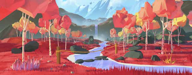 A cartoon landscape with red grass and trees