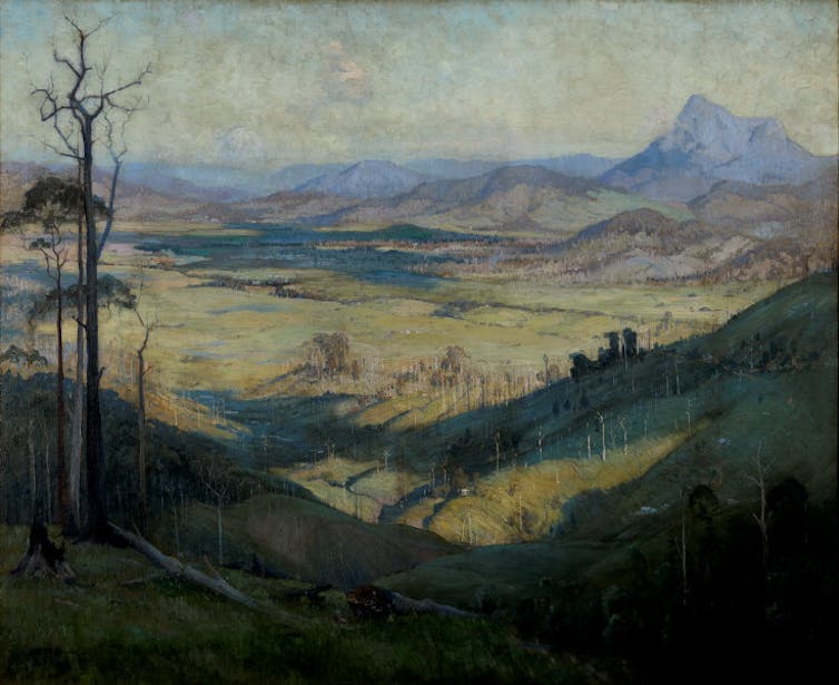 Oil painting, looking down to a valley