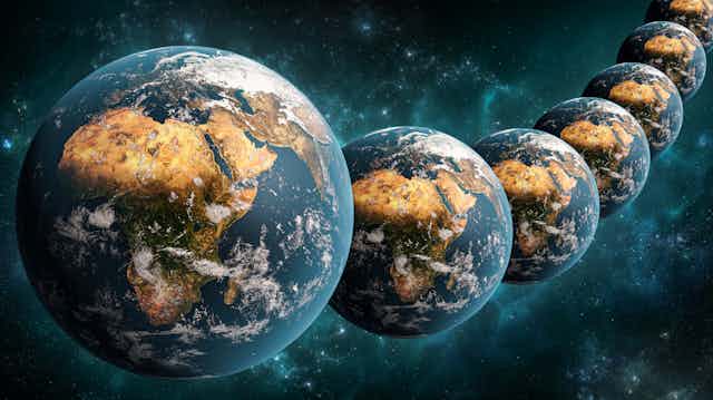definition travel through time a row of planet earths