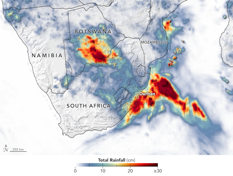 Map showing red zones meaning heavy rain.