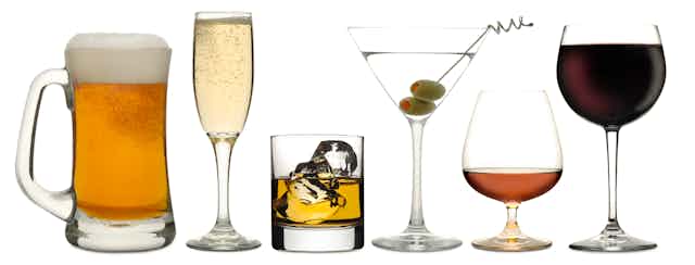 Six popular adult beverages against a white background.