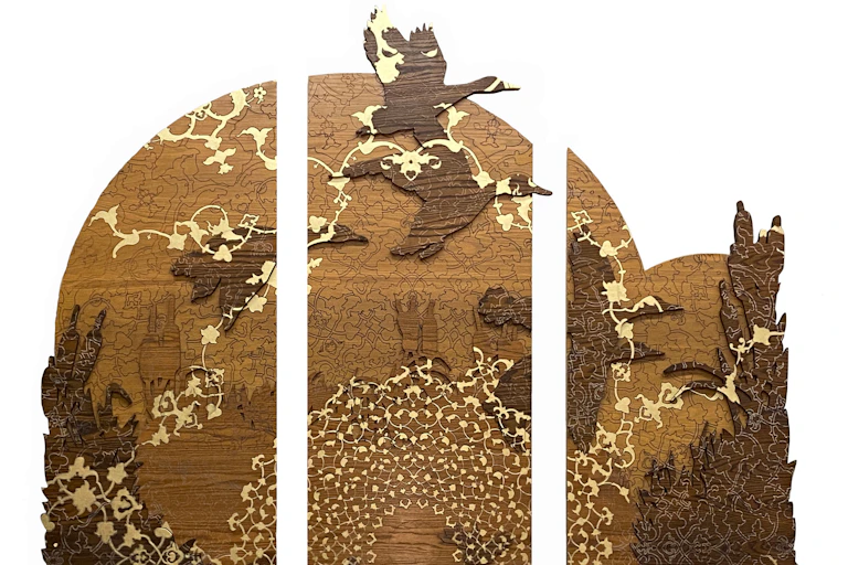 Geese and mallards superimposed with pattern are seen flying.
