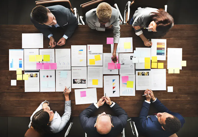 aerial photo of six business people at a conference table with papers and post-its