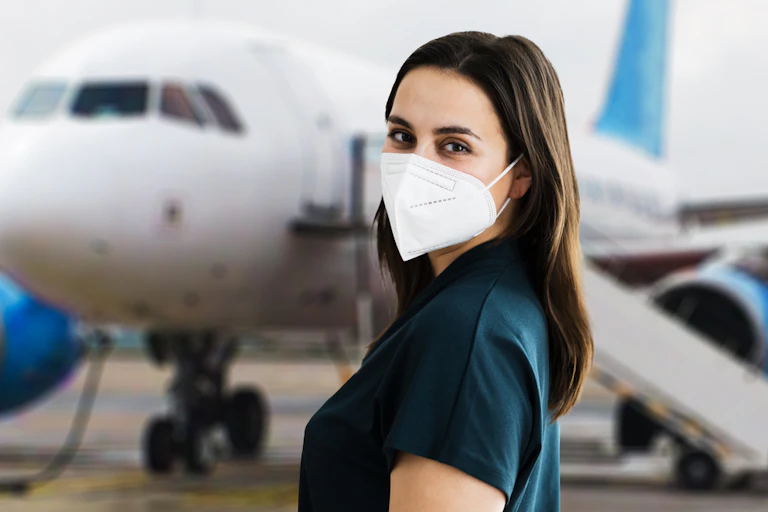 Woman wearing mask about to board plane