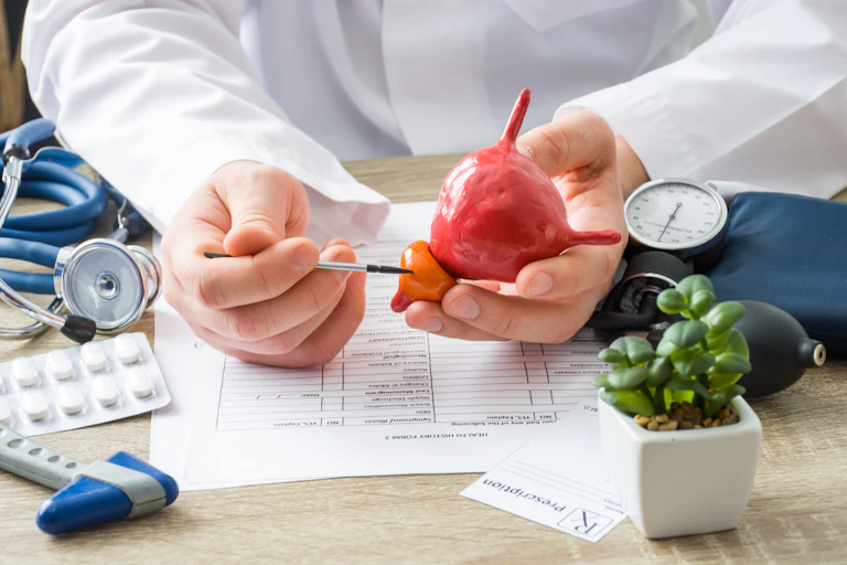 A doctor showing a model of a prostate gland