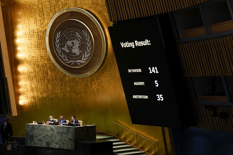 the results of a vote on a resolution concerning ukraine are displayed