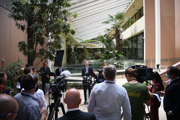 NSW Premier Dominic Perrotet gives a press conference at state parliament.