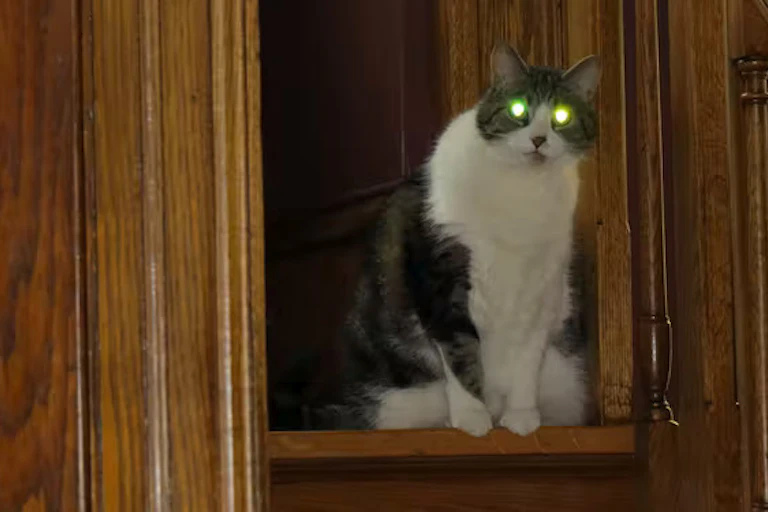 Seekor kucing, duduk di atas tangga, dengan mata hijau yang bersinar terang