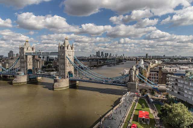 An overhead view of the River Thames at Tower Bridge in London