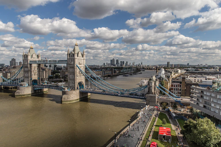An overhead view of the River Thames at Tower Bridge in London