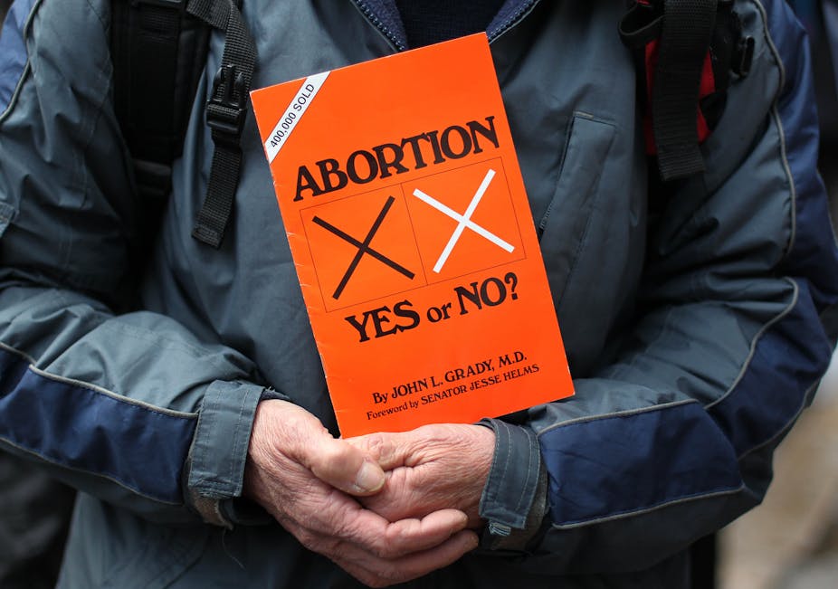 An orange placard saying 'Abortion: Yes or No.'