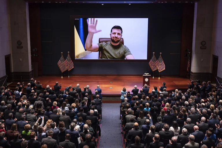 Ukrainian president Volodymyr Zelensky addresses members of the US Congress via video, March 2022.