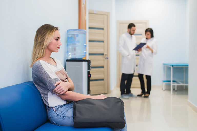 Young woman sitting on a waiting room couch in the GP's office. Two GPs are in the background talking.