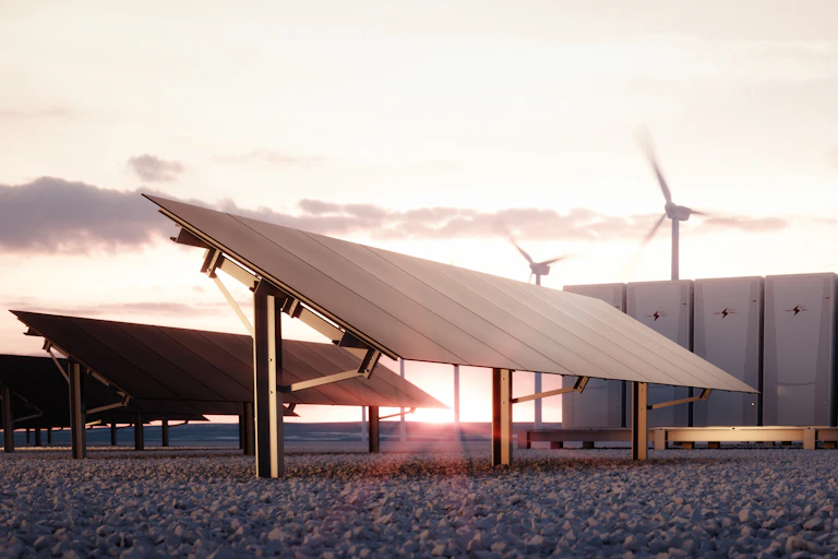 Solar panels, wind turbines and batteries in a photo illustration