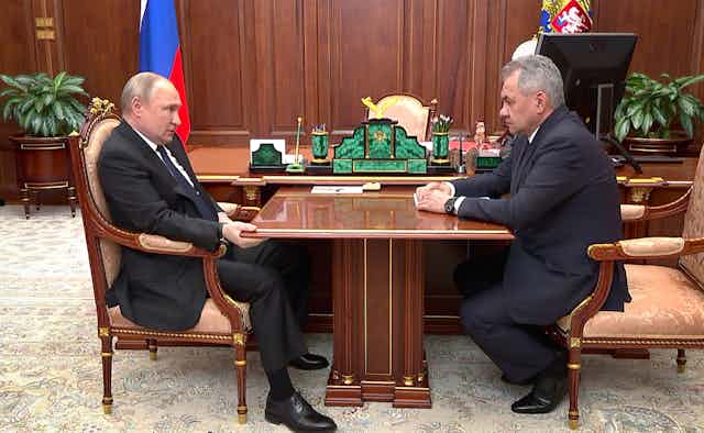 Russian President Vladimir Putin meeting with Russian Defense Minister Sergei Shoigu 21 April 2022 in The Kremlin