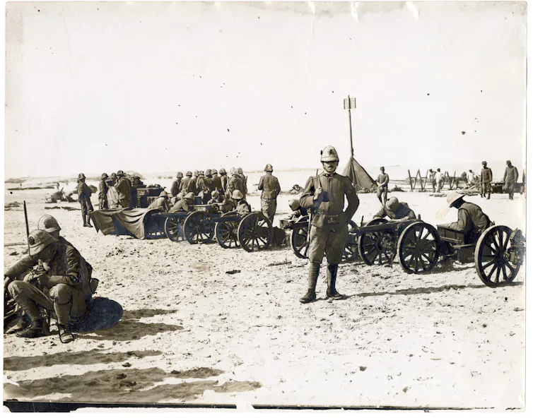 black and white photograph of uniformed troops in 1911.