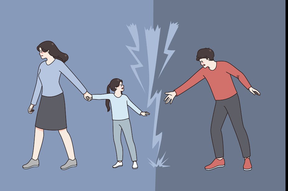 An illustration of a parent taking a child by the hand, pulling the child away from the other parent, while a bolt of lightning severs the connection