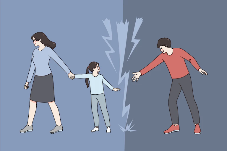 An illustration of a parent taking a child by the hand, pulling the child away from the other parent, while a bolt of lightning severs the connection