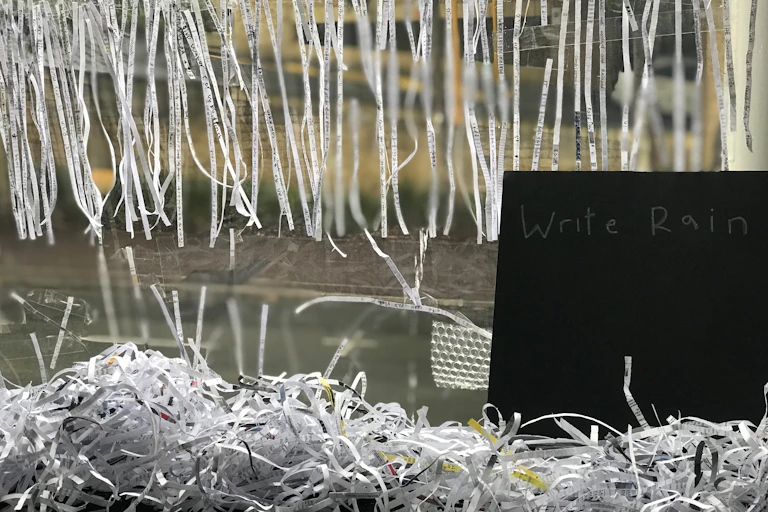 A chalkboard saying 'write rain' is seen alongside many very thin strips of paper with writing on them.
