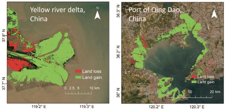 Coastal loss and gain in China.