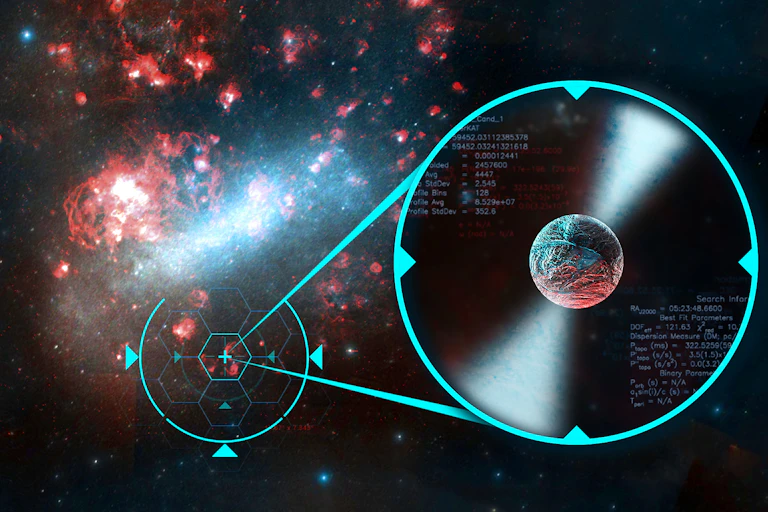 Artists impression of a bright pulsar in the Large Magellanic Cloud.