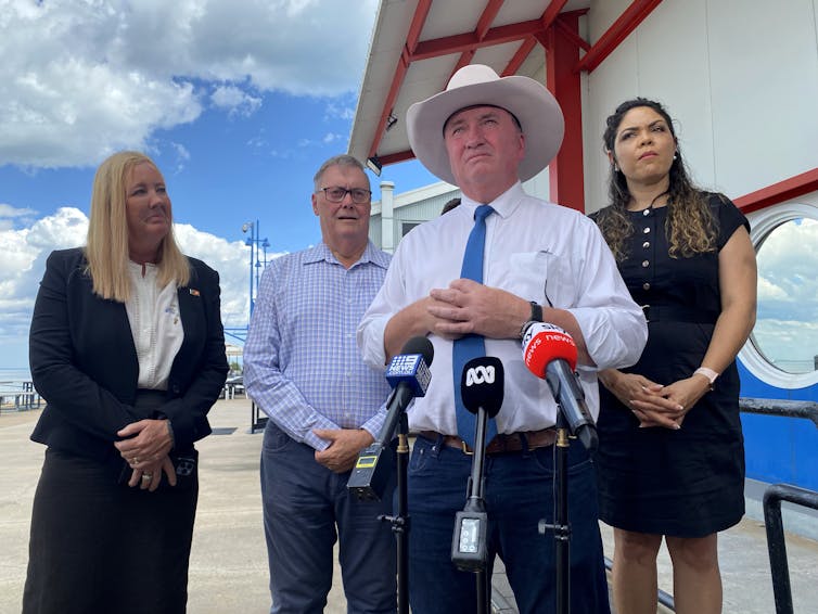 Barnaby Joyce at a press conference with Jacinta Price.