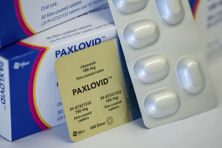Medication box for COVID-19 drug Paxlovid and a pill blister pack