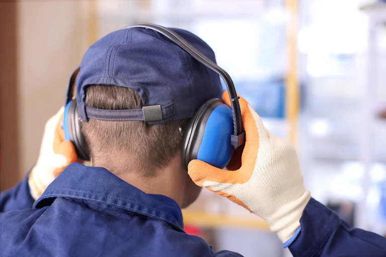Trabajador de espaldas con orejeras