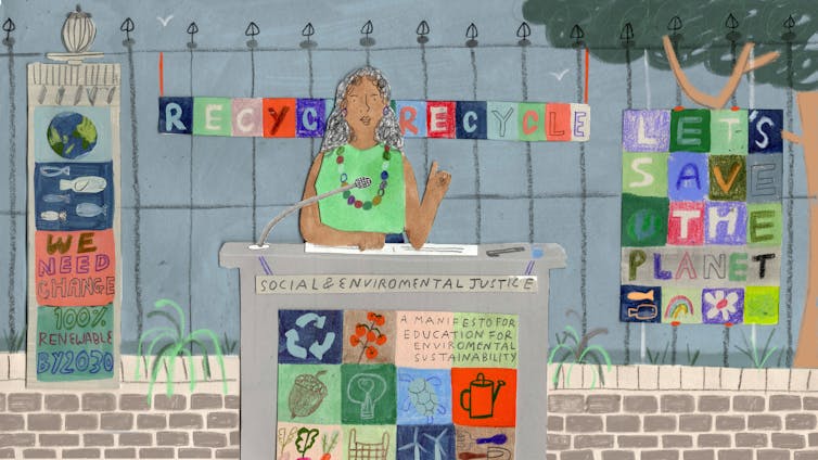 Illustration of woman at podium surrounded by environmental slogans