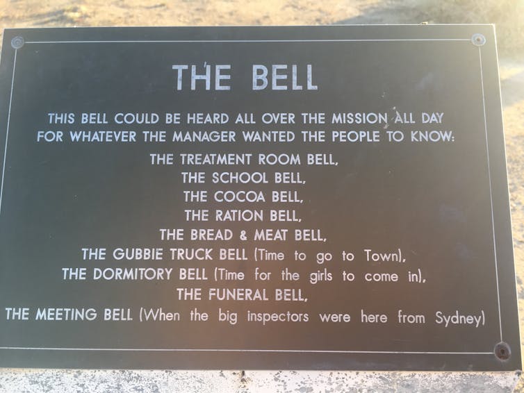 A plaque showing instructions for how the Brewarrina community members should respond to different bells ringing in the mission.