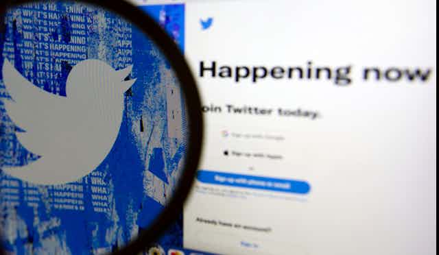 Twitter logo magnified on a screen