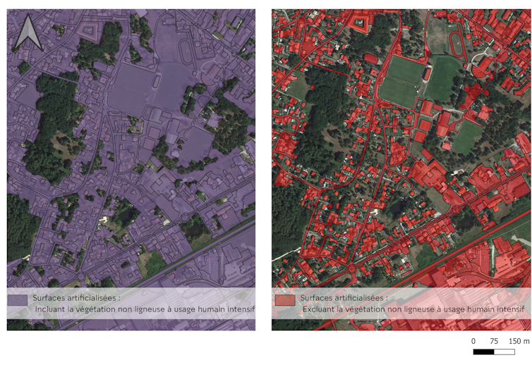 Carte aérienne dont les terrains correspondant aux différents espaces sont mis en couleurs ; la carte de gauche est presque entièrement colorée, celle de droite l’est presque deux fois moins
