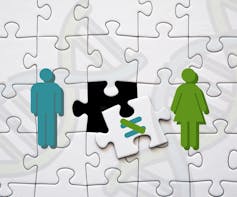 A male and female icon against a jigsaw puzzle, with a not equals sign on the missing piece