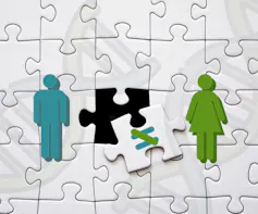 A male and female icon against a jigsaw puzzle, with a not equals sign on the missing piece