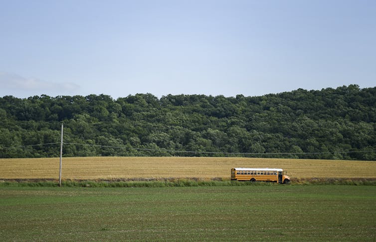 A school bus drives along a road past a green field, with woods in the background