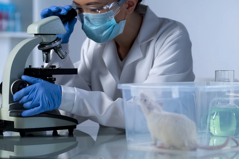 a scientist looks thpough a microscope while a white lab mouse is next to her in a see-through plastic container