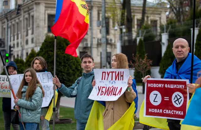Ukrainian refugees and Moldovan citizens protest against the war in Ukraine, in front of Russian Embassy in Chisinau, Moldova, 07 April 2022. 