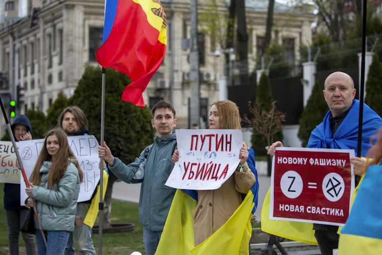 Ukrainian refugees and Moldovan citizens protest against the war in Ukraine, in front of Russian Embassy in Chisinau, Moldova, 07 April 2022.