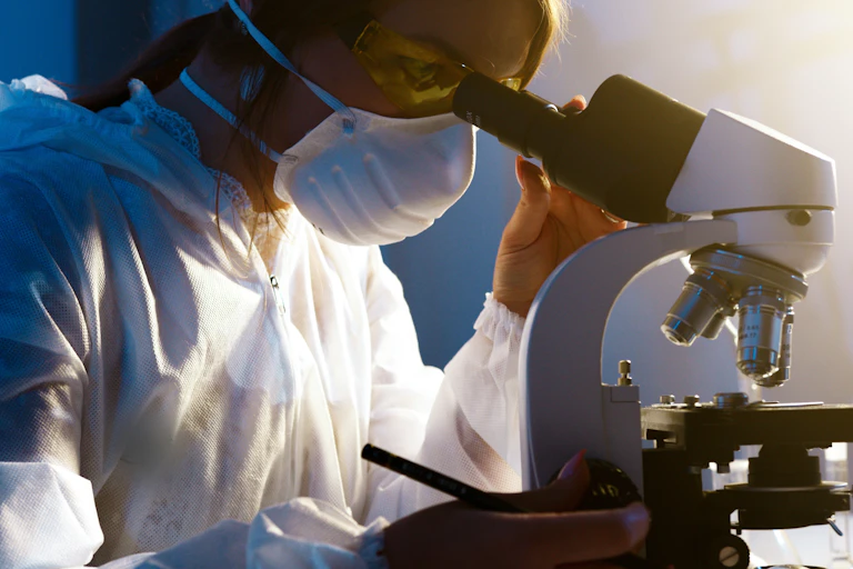 femme qui porte un masque et une combinaison de protection regarde dans un microscope
