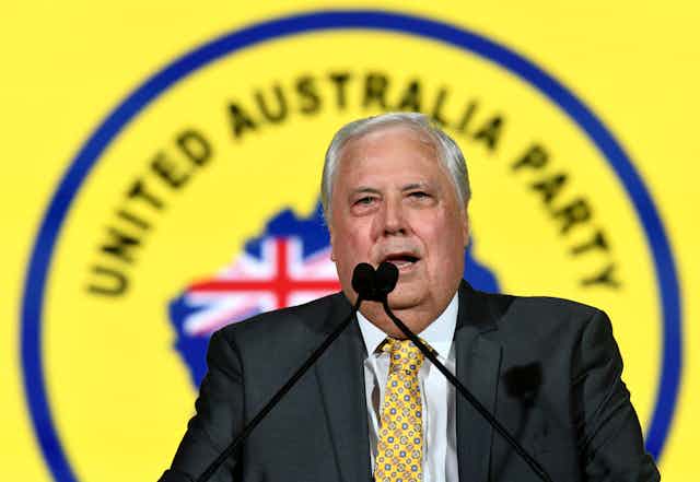UAP leader Clive Palmer speaking at the UAP campaign launch in 2022.